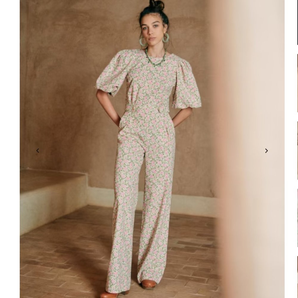 Sezane Pink and Cream Jumpsuit with Puff Sleeves and Wide Legs